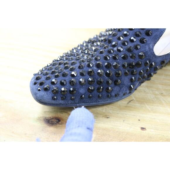 Jimmy Choo Loafers 38 Blue Suede Studded Black Rhinestone Flats Slip On Italy - Picture 10 of 11